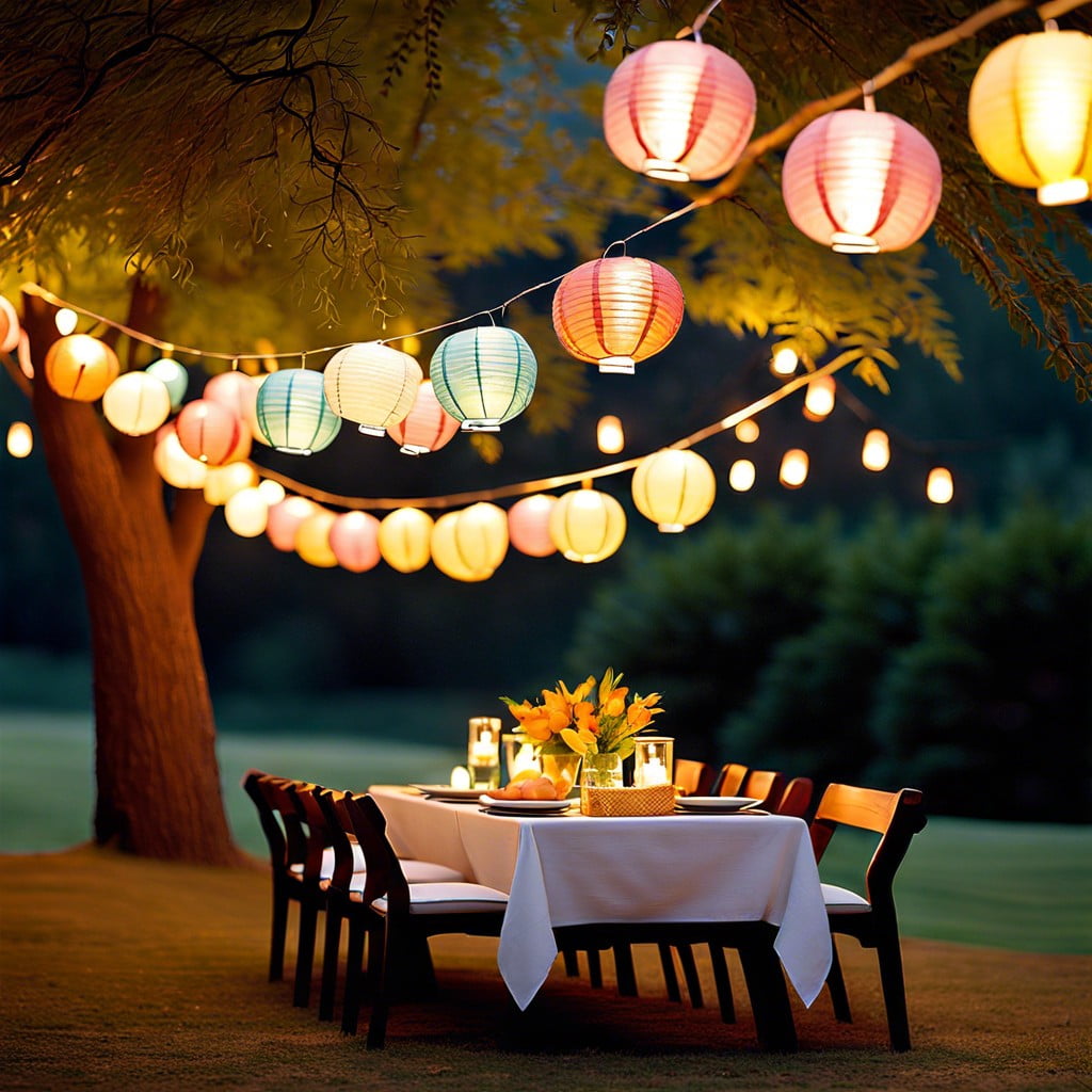 paper lanterns hung from branches
