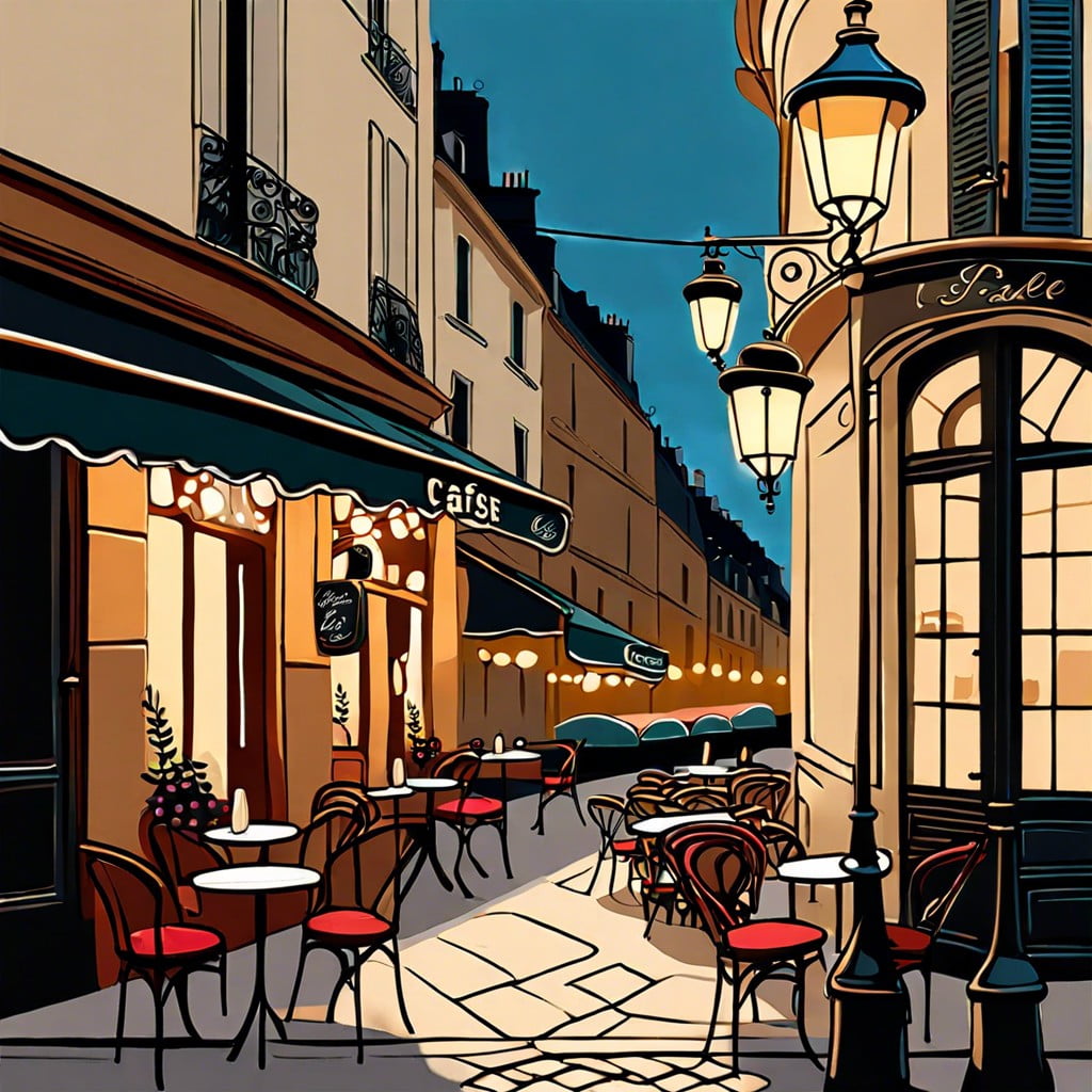 parisian cafe scene with small tables and street lamps