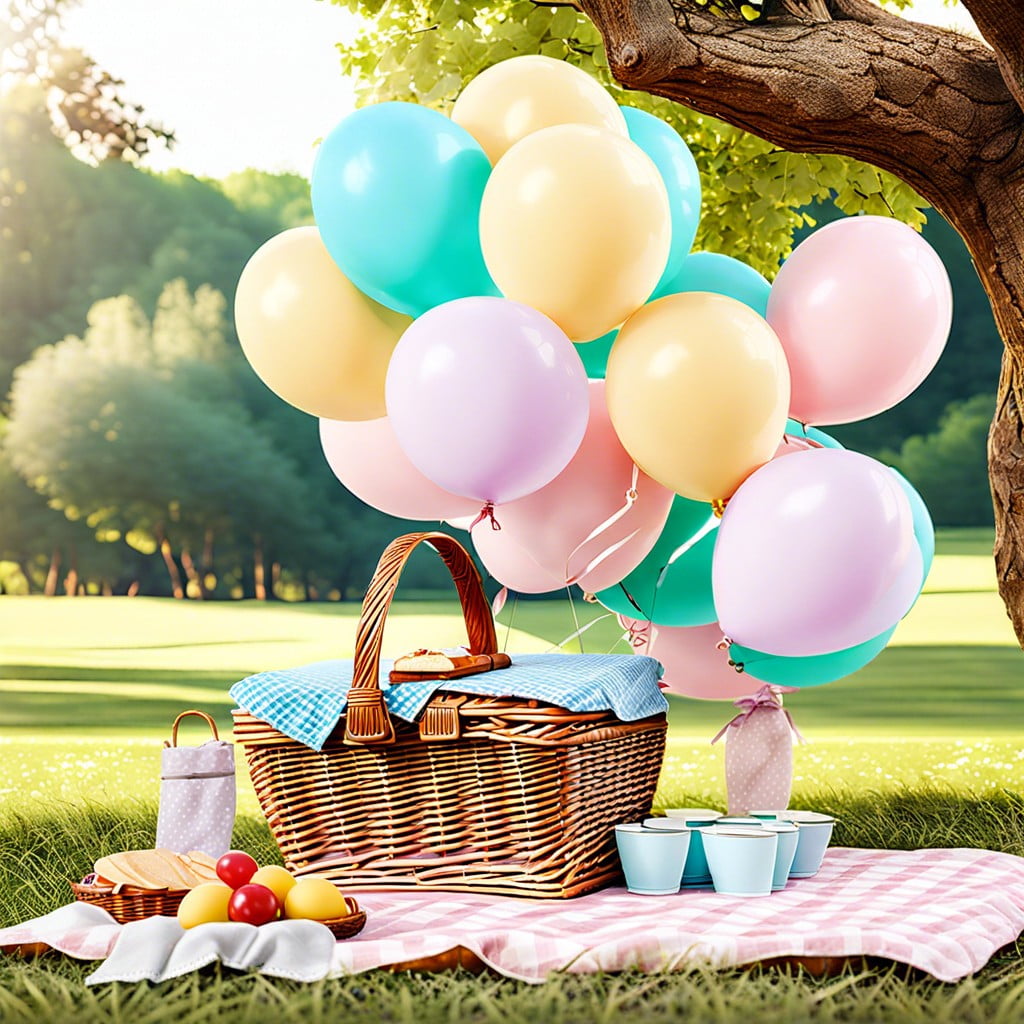 pastel colored balloons tied to picnic baskets
