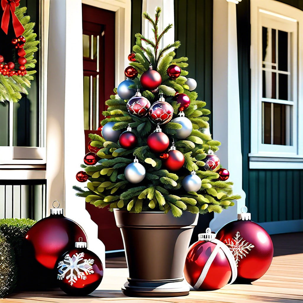 potted evergreens with ornaments