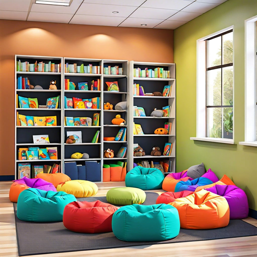 reading corner with cozy bean bags and bookshelves