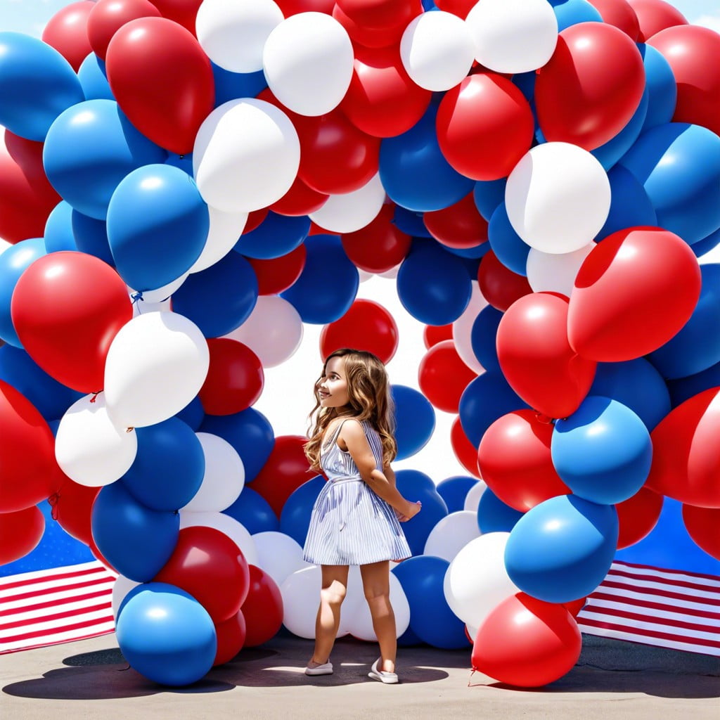 red white and blue balloon arch