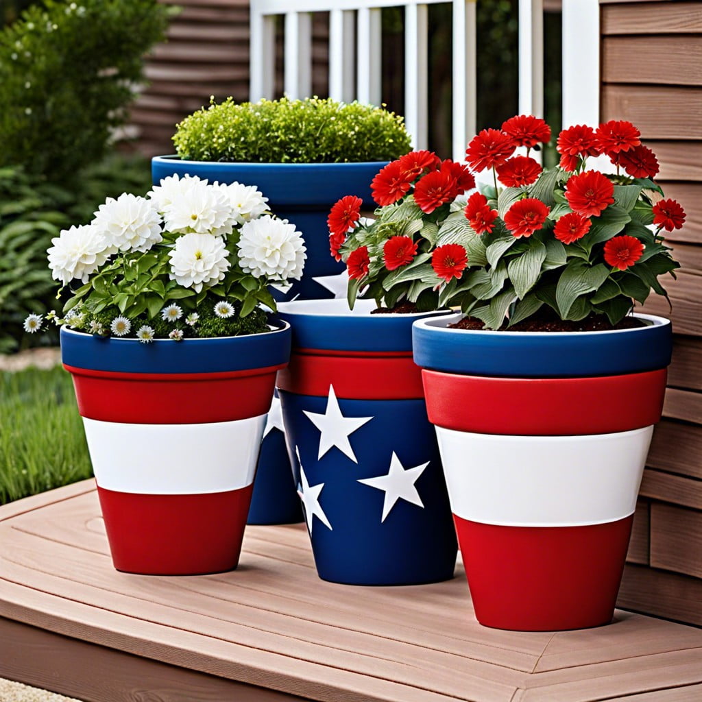 red white and blue flower pots