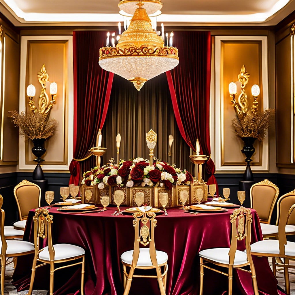 regal affair gold cutlery velvet table runners and crown motifs