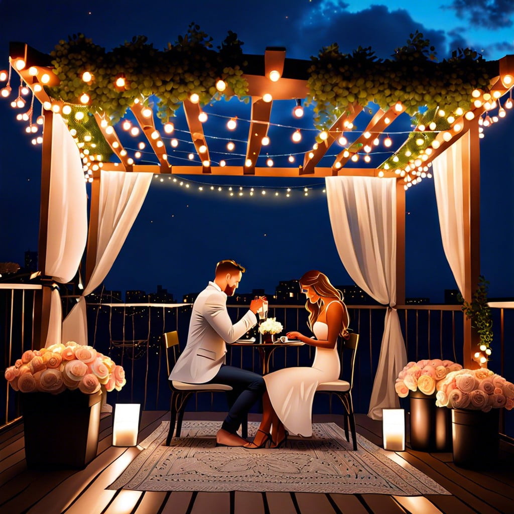 rooftop dinner under a canopy of string lights
