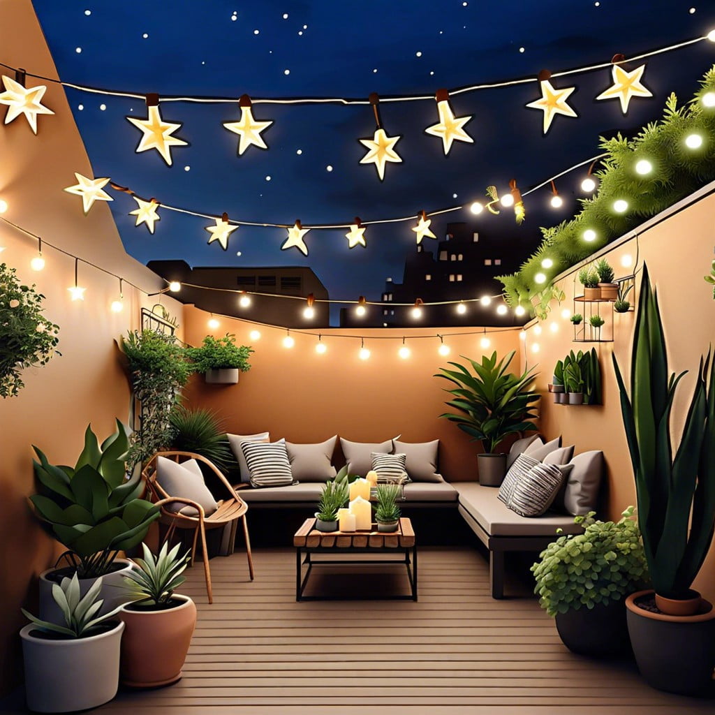 rooftop garden with string lights and potted plants