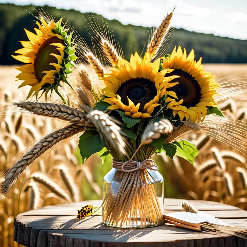 rustic wheat and sunflowers