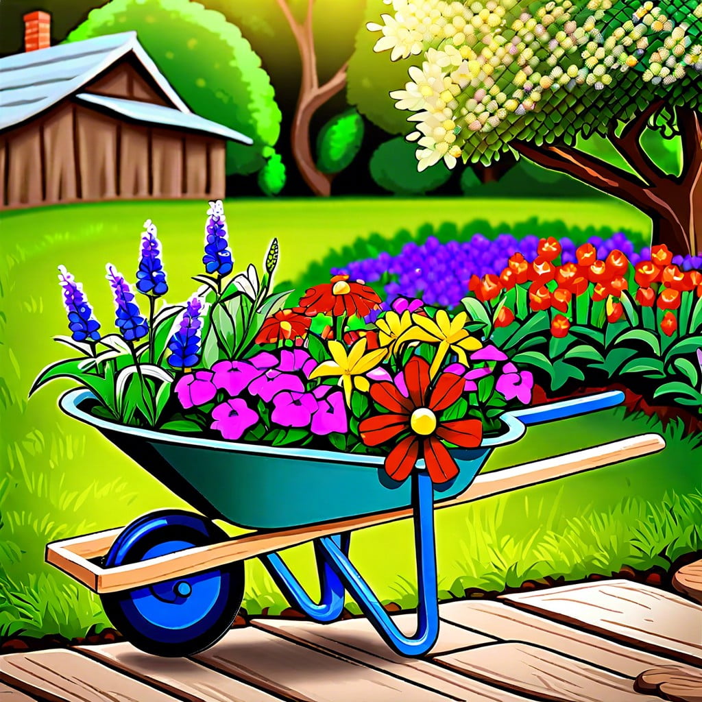 rustic wheelbarrow flower bed