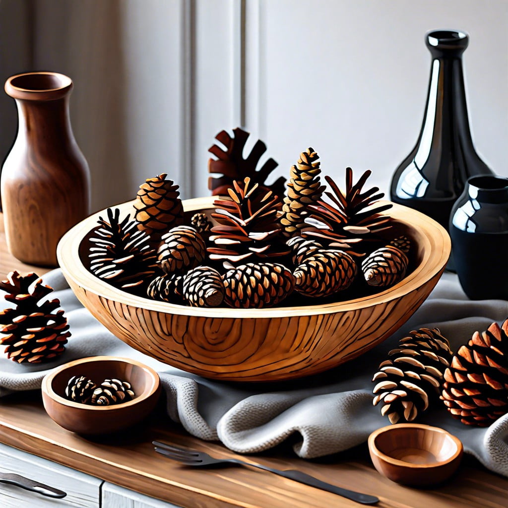 rustic wooden bowl with pine cones