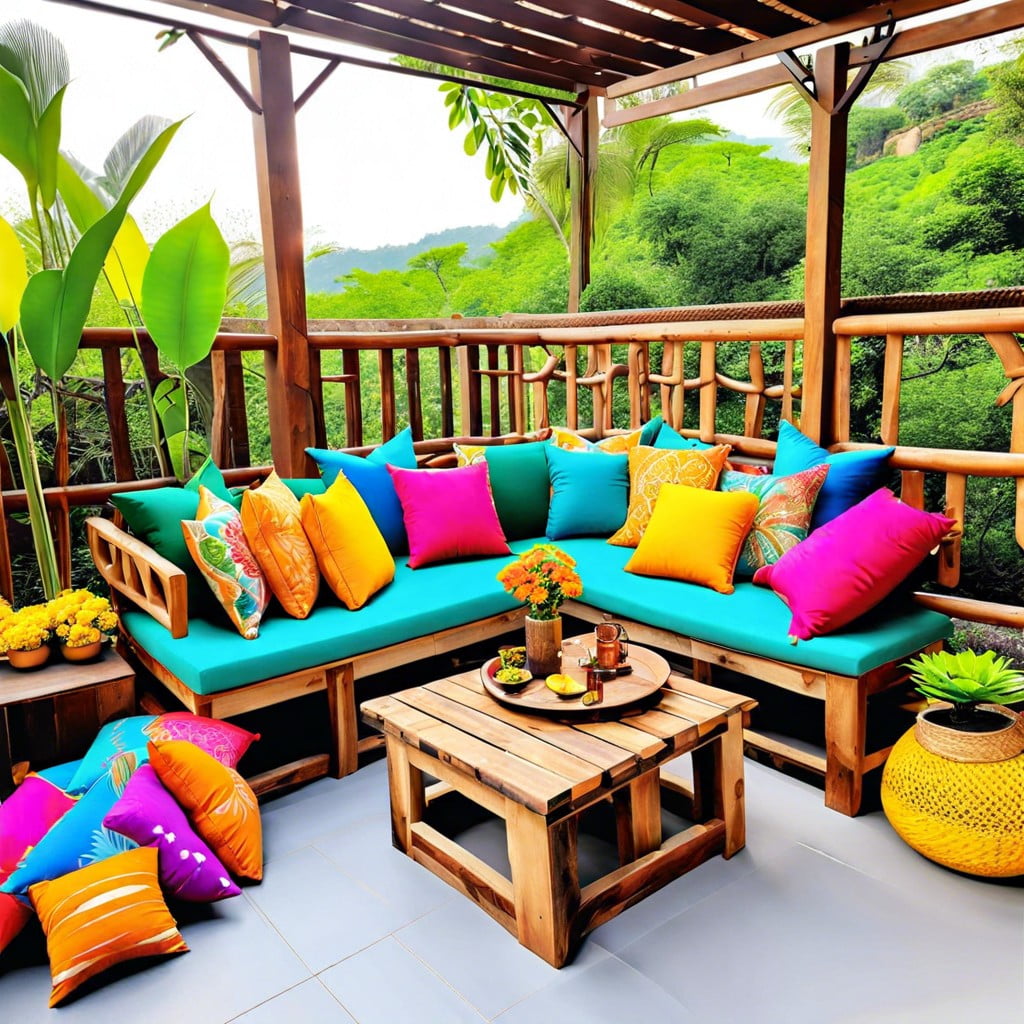 rustic wooden furniture with colorful cushions