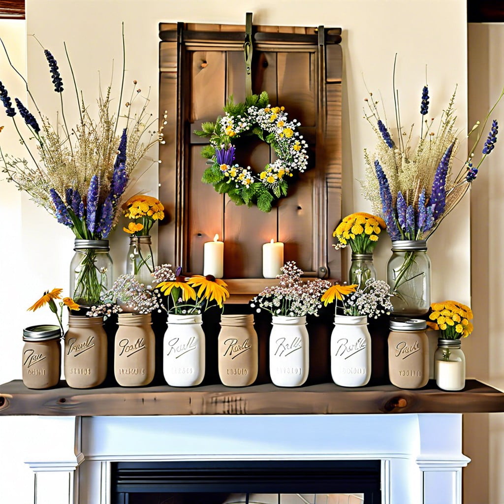 rustic wooden mantel with mason jars and wildflowers