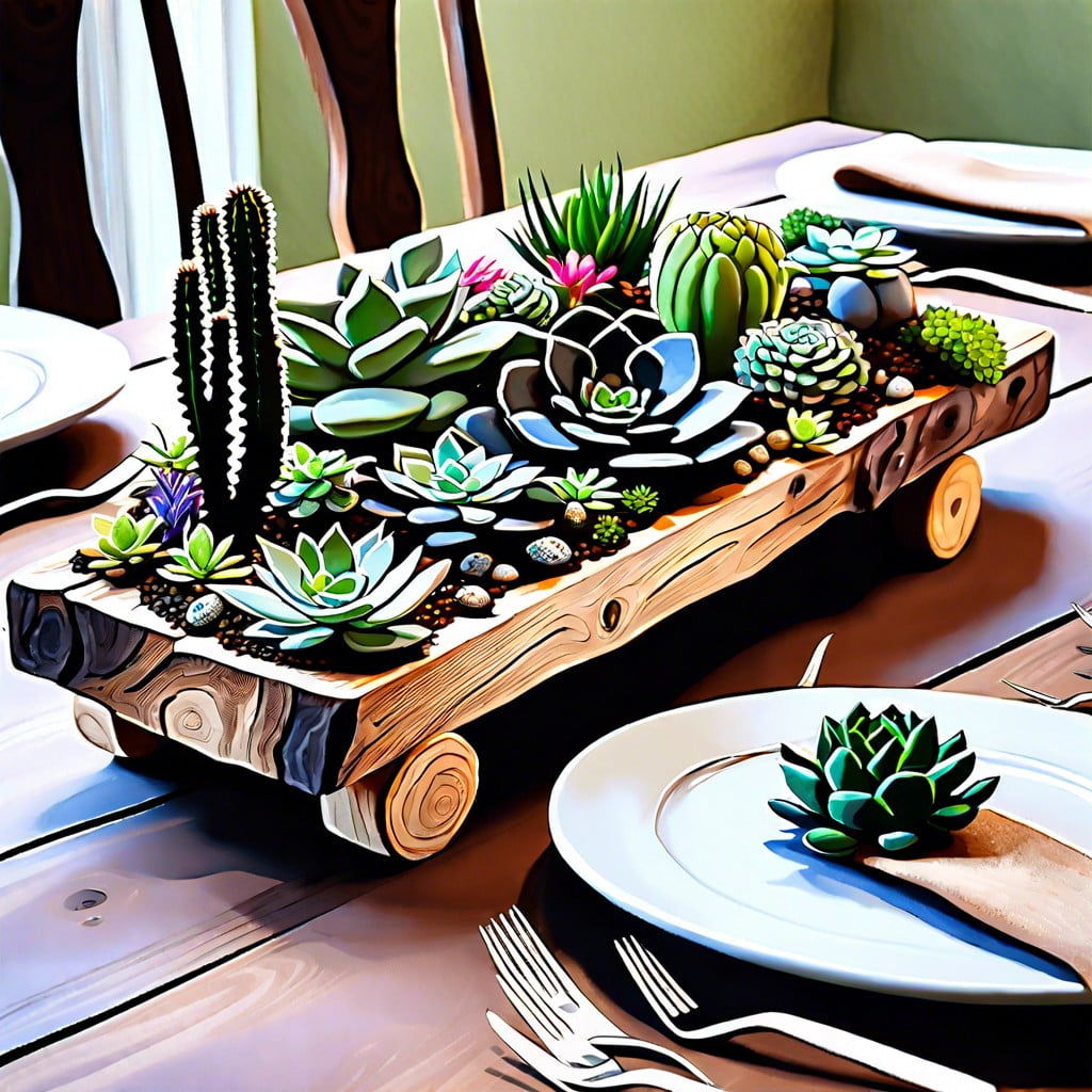 rustic wooden slabs with succulents