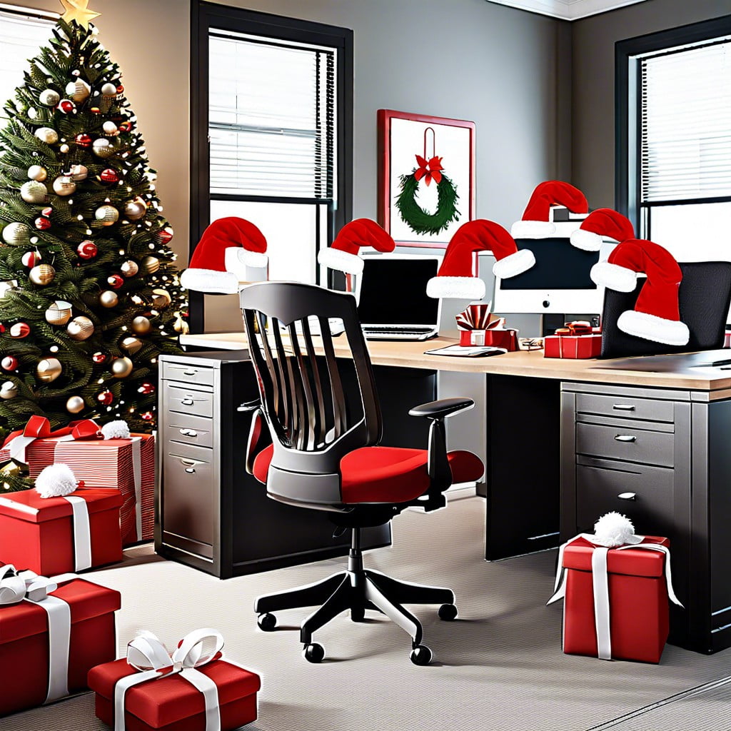 santa hats on office chairs