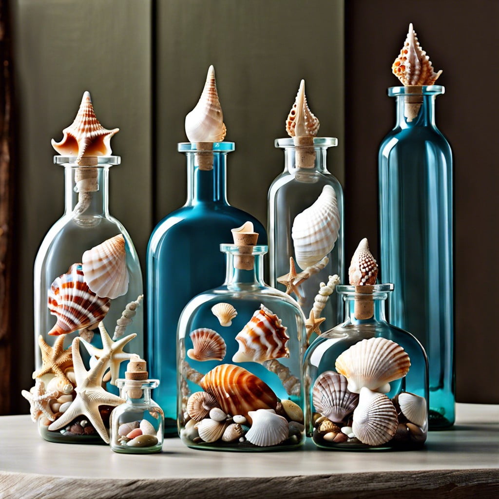seashell covered bottles