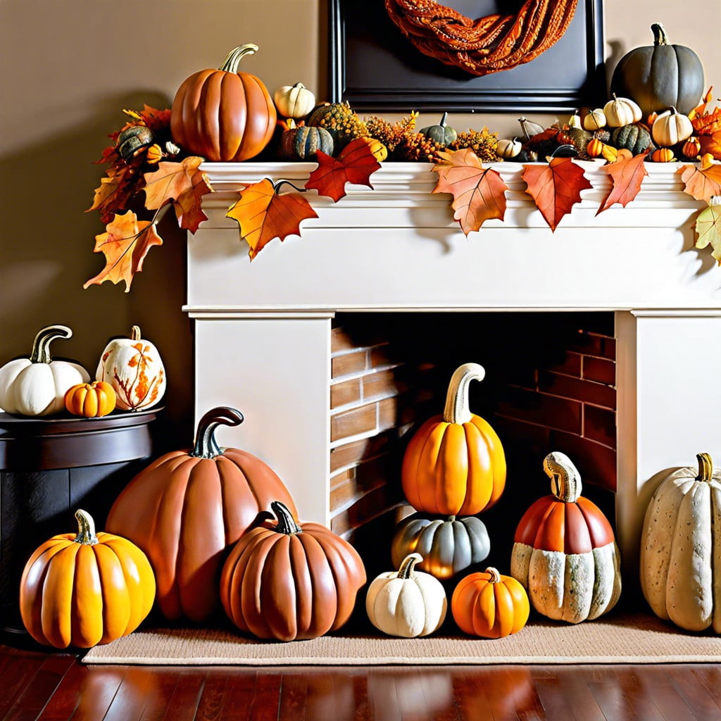 seasonal display with pumpkins and gourds