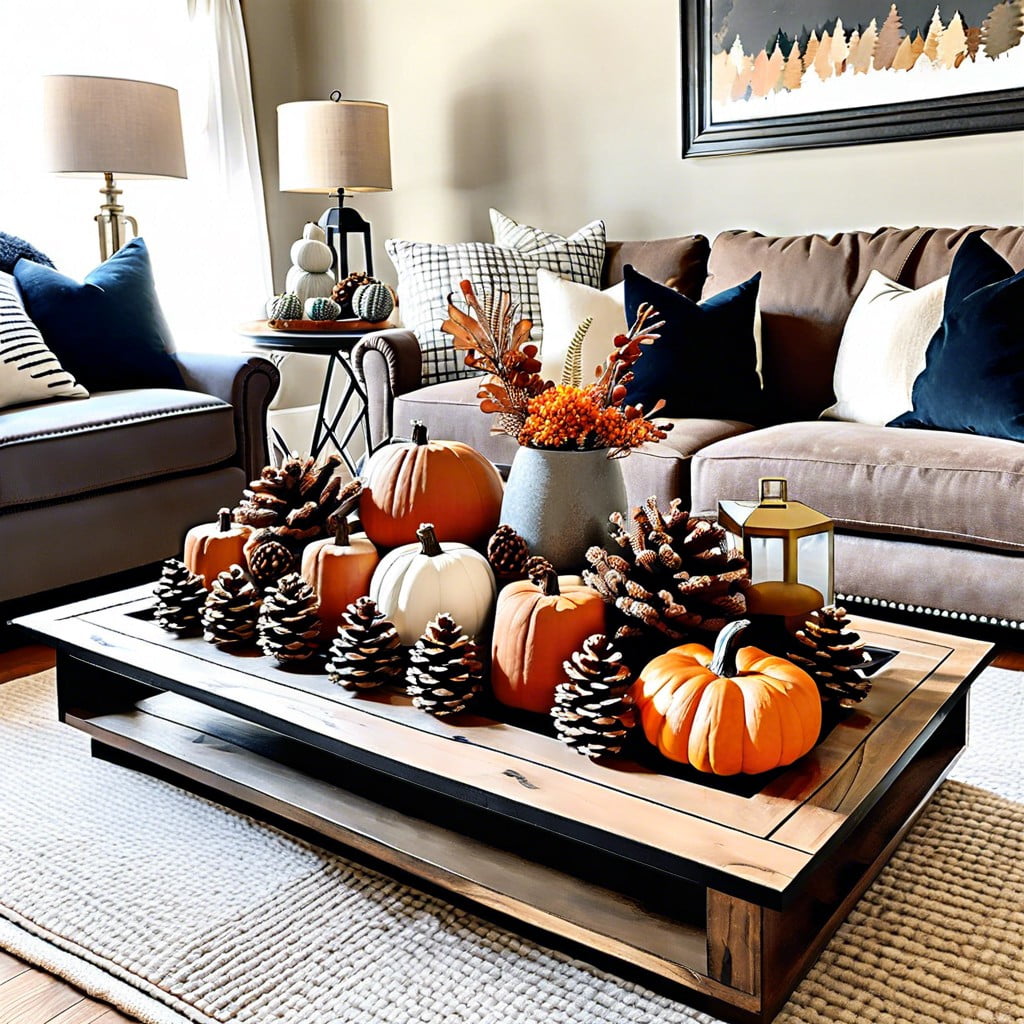 seasonal pumpkin and pinecone arrangement