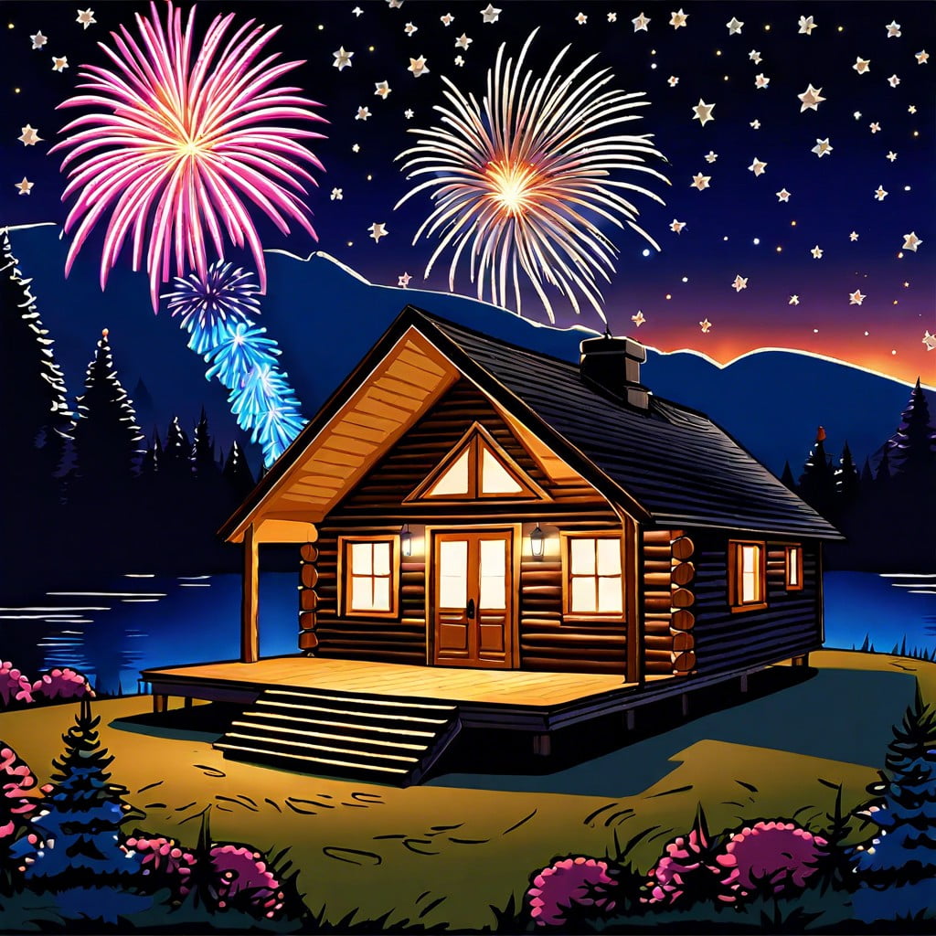 secluded cabin with fireworks display