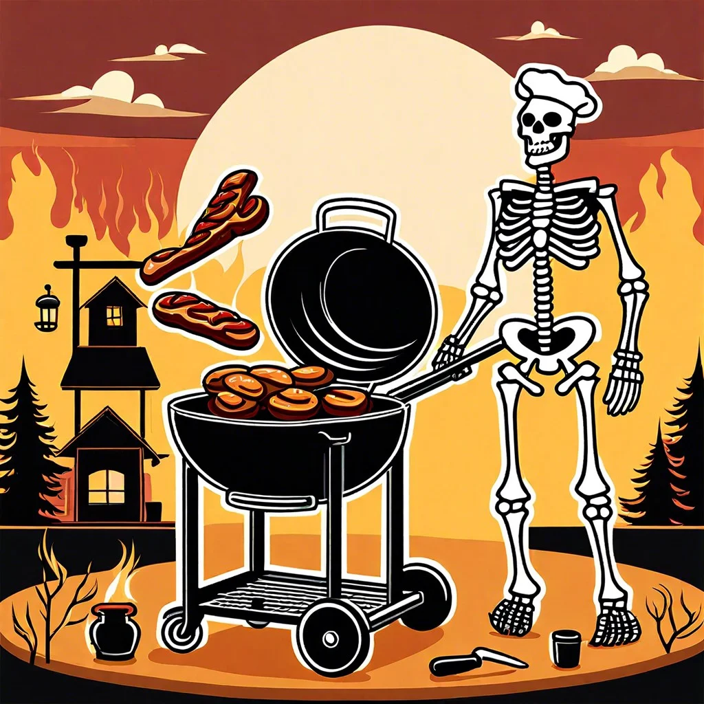 skeleton bbq chef flipping burgers