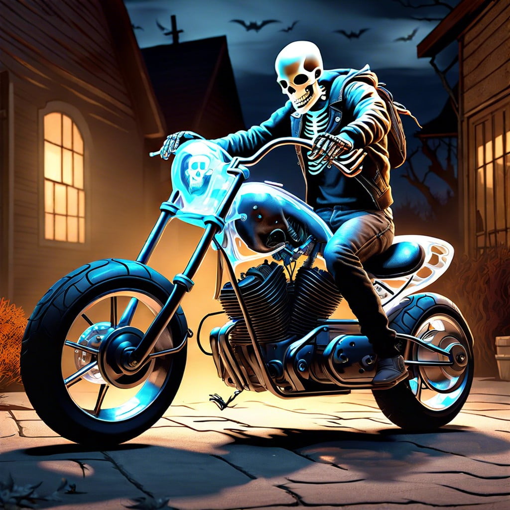 skeleton biker riding a transparent ghost motorcycle