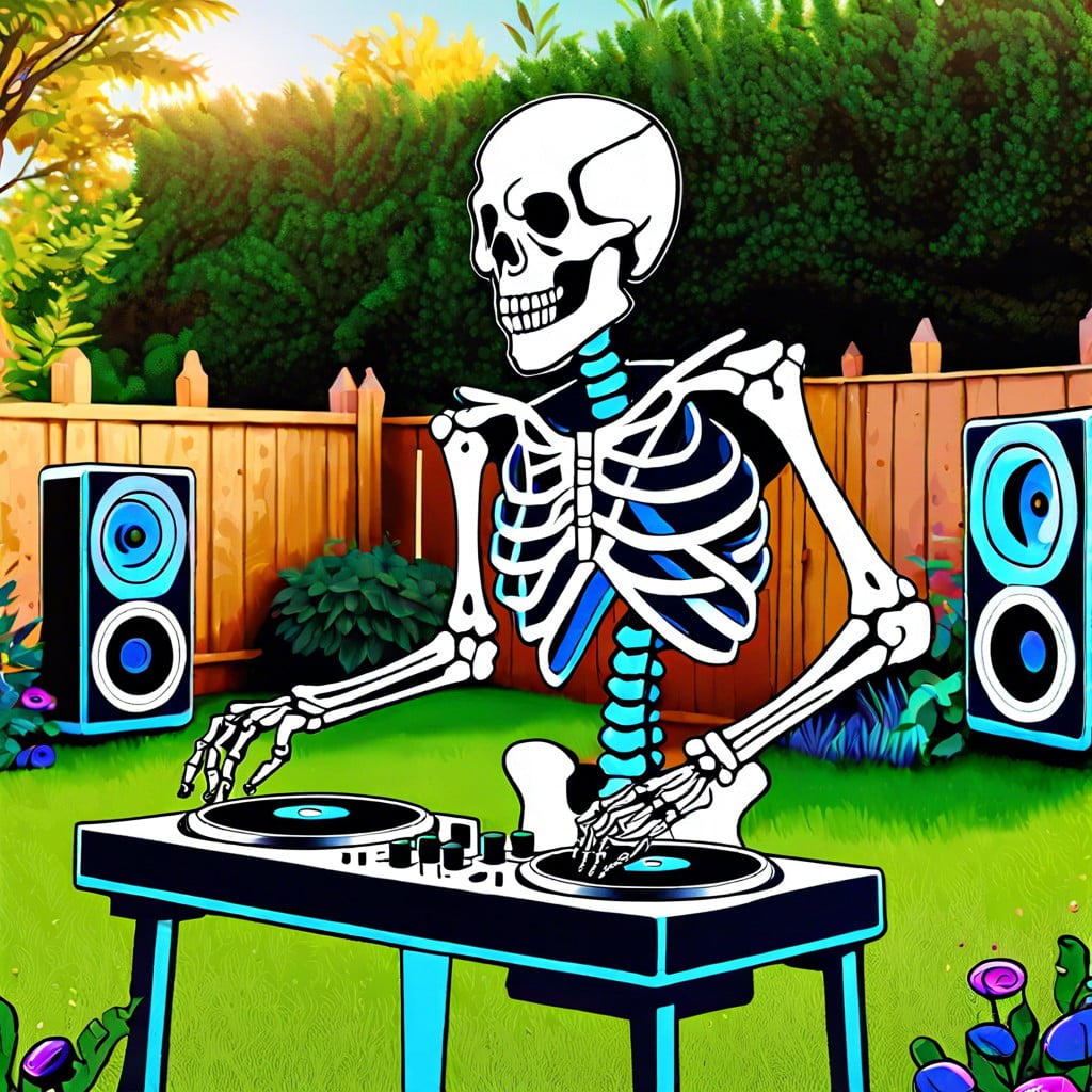 skeleton dj with turntables and speakers