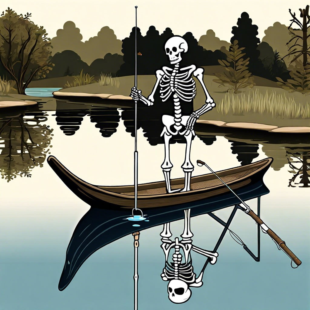 skeleton fisherman with a fishing pole in a pond or fountain
