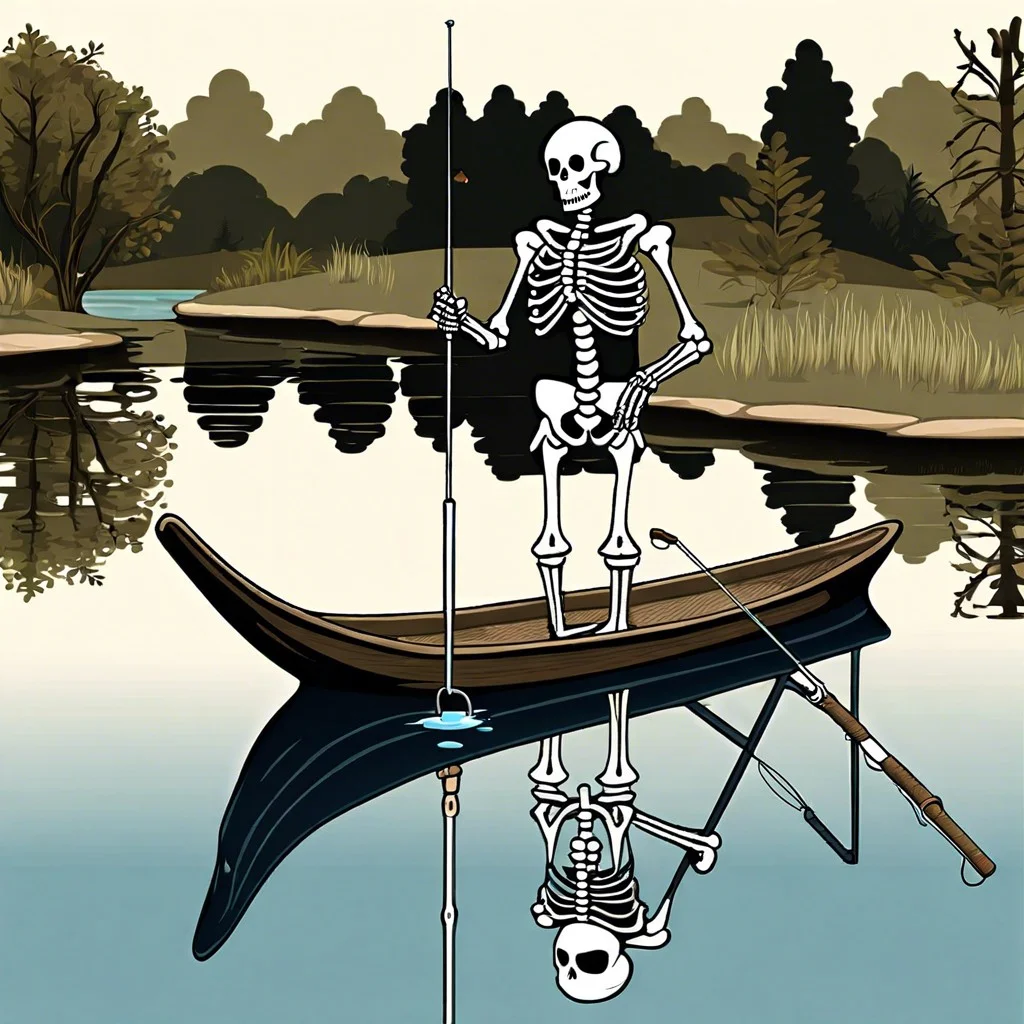 skeleton fisherman with a fishing pole in a pond or fountain