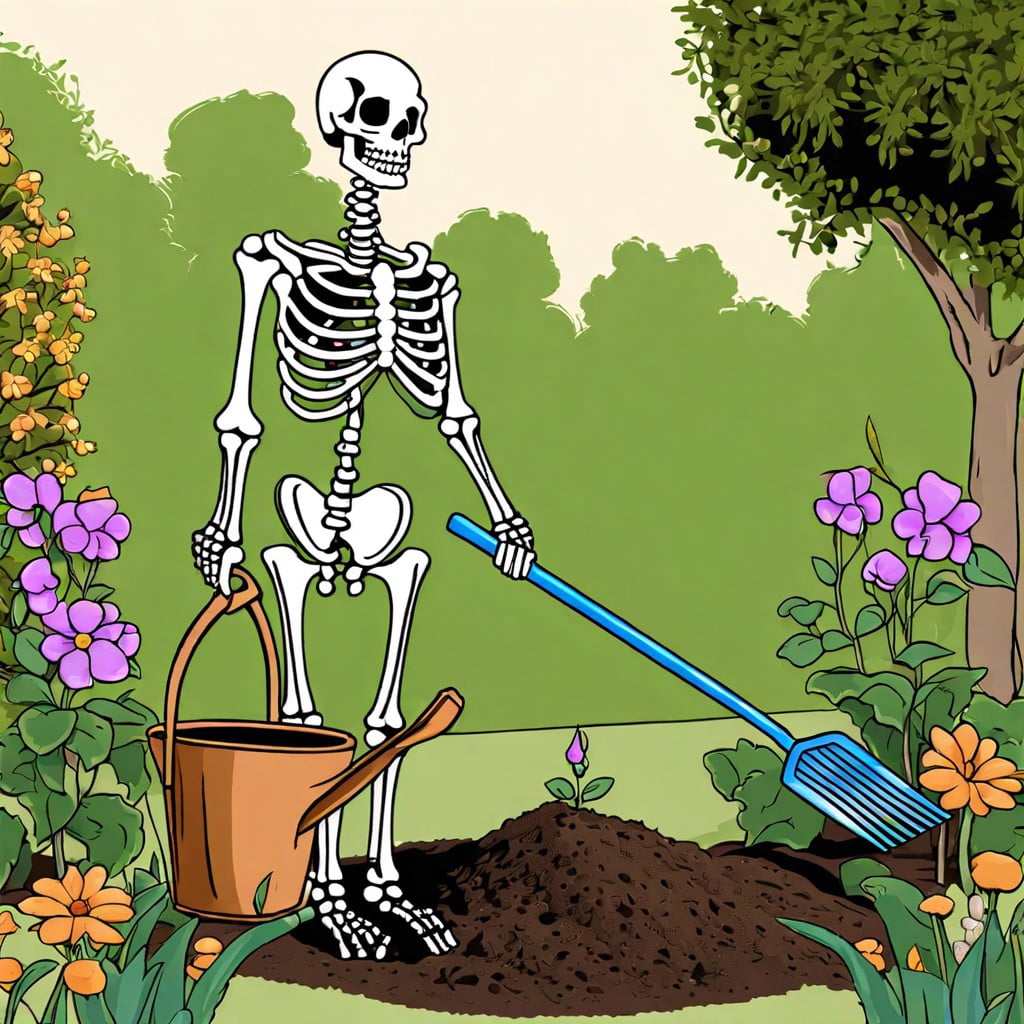 skeleton gardening with shovel and rake