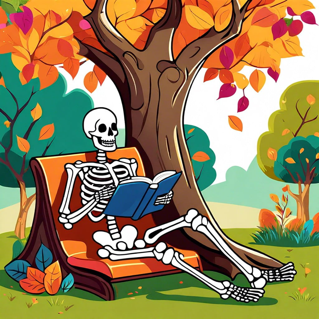 skeleton reading a book under a tree