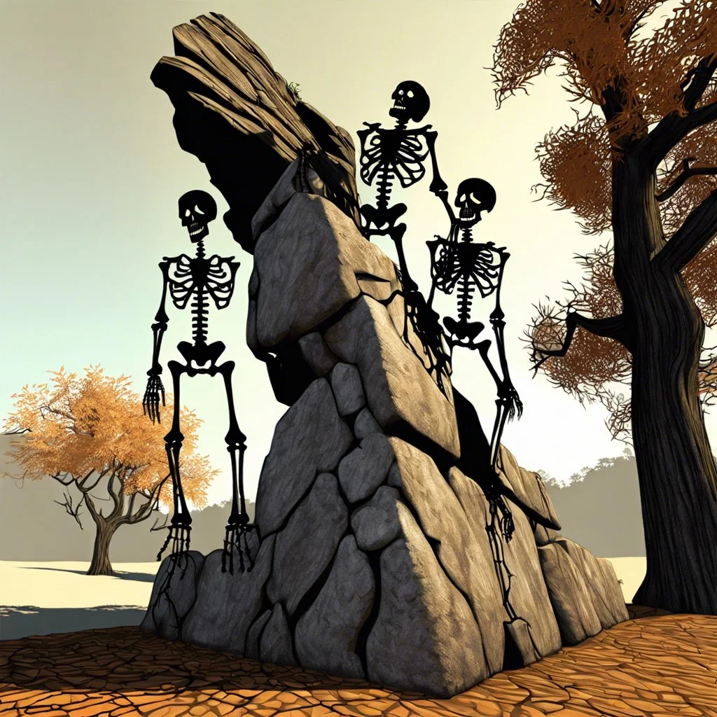 skeletons climbing a makeshift rock wall or tree