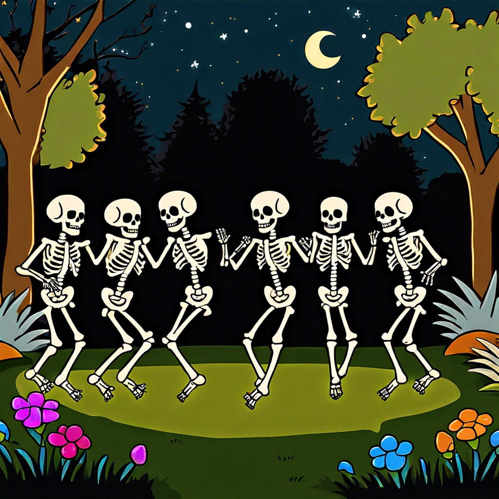 skeletons doing a conga line dance