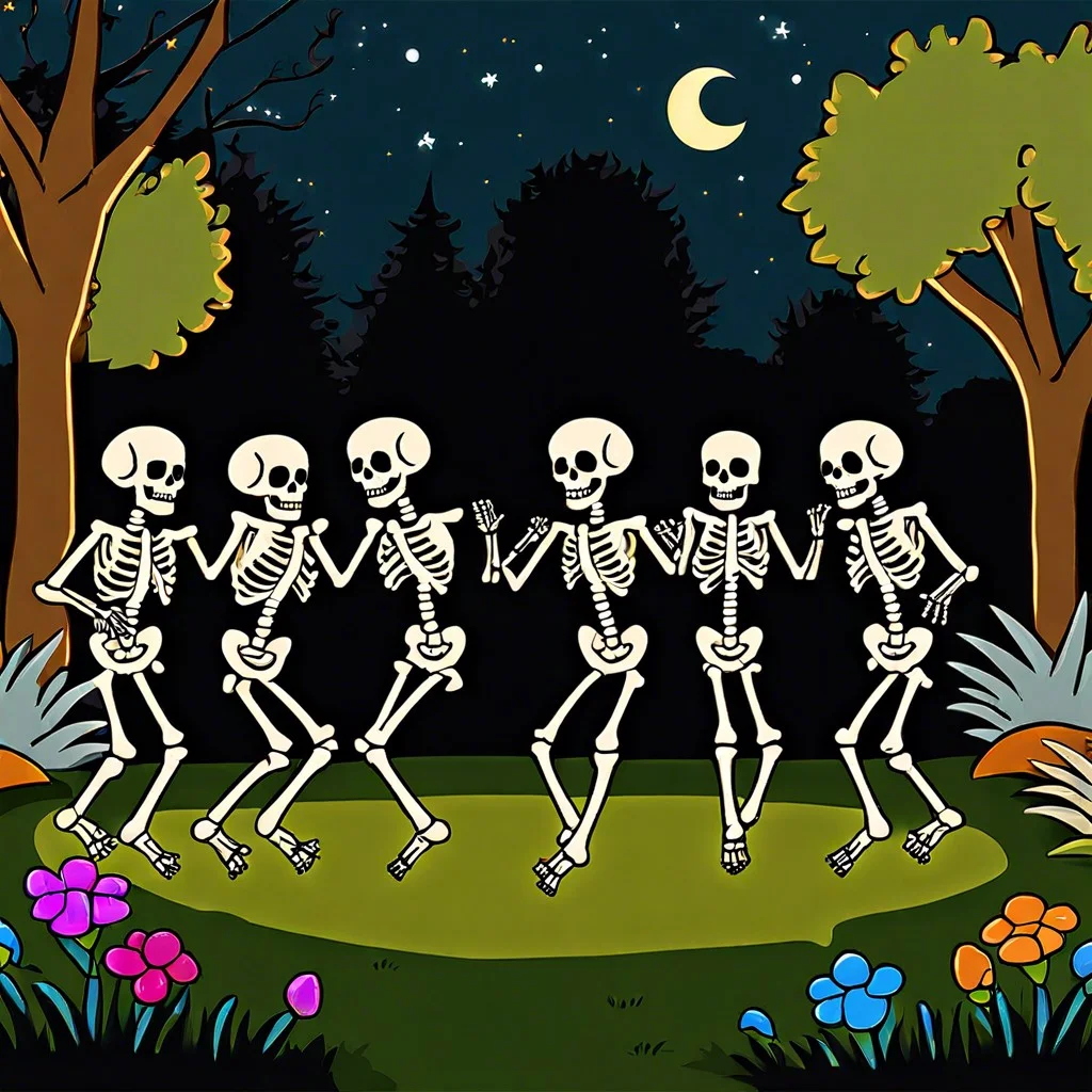 skeletons doing a conga line dance