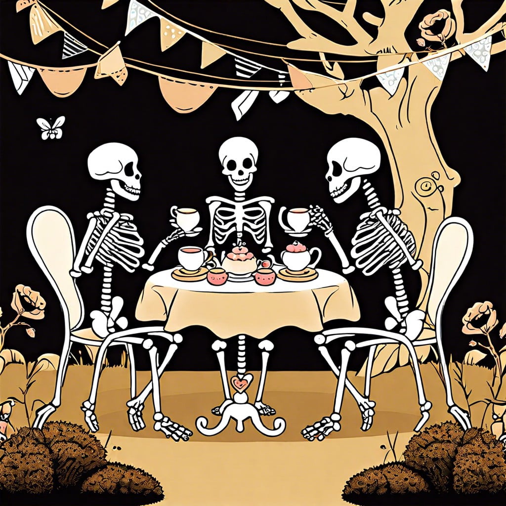 skeletons hosting a tea party with stuffed animals