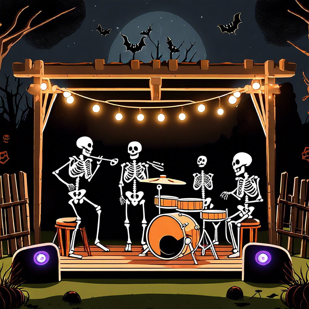 skeletons playing a spooky rock band concert