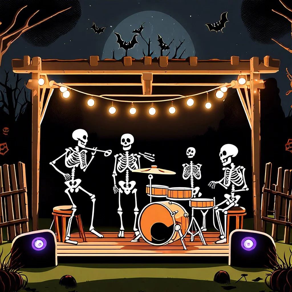 skeletons playing a spooky rock band concert