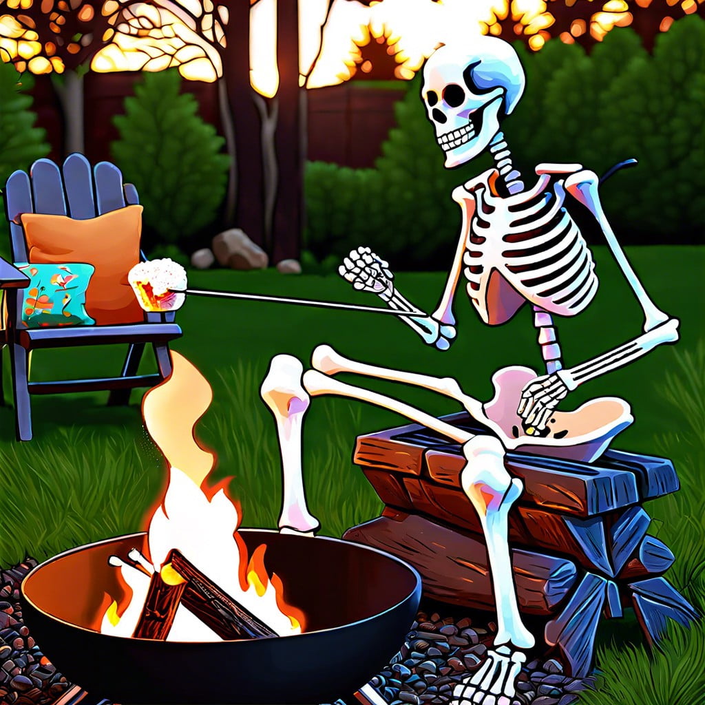 skeletons roasting marshmallows over a fire pit