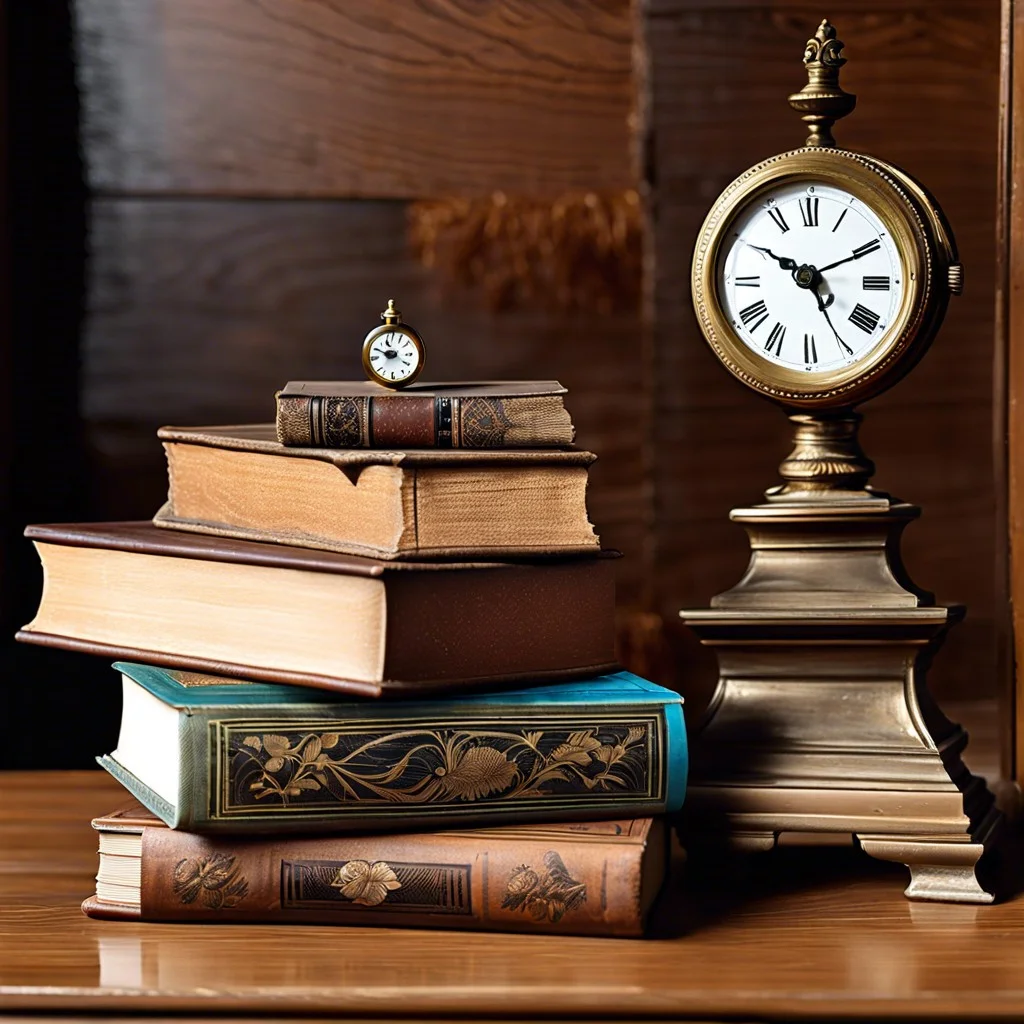 small antique books stacked with a vintage clock