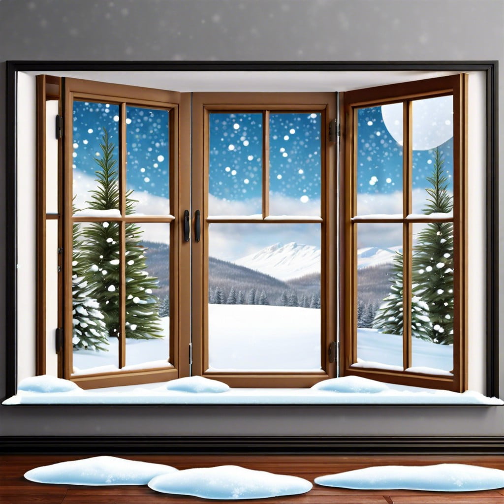 snowy window create a faux window looking out onto a snowy scene with snowflakes falling