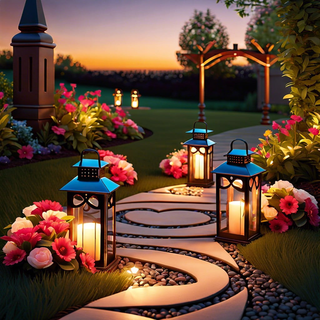 solar powered lanterns leading to a heart shaped floral arrangement