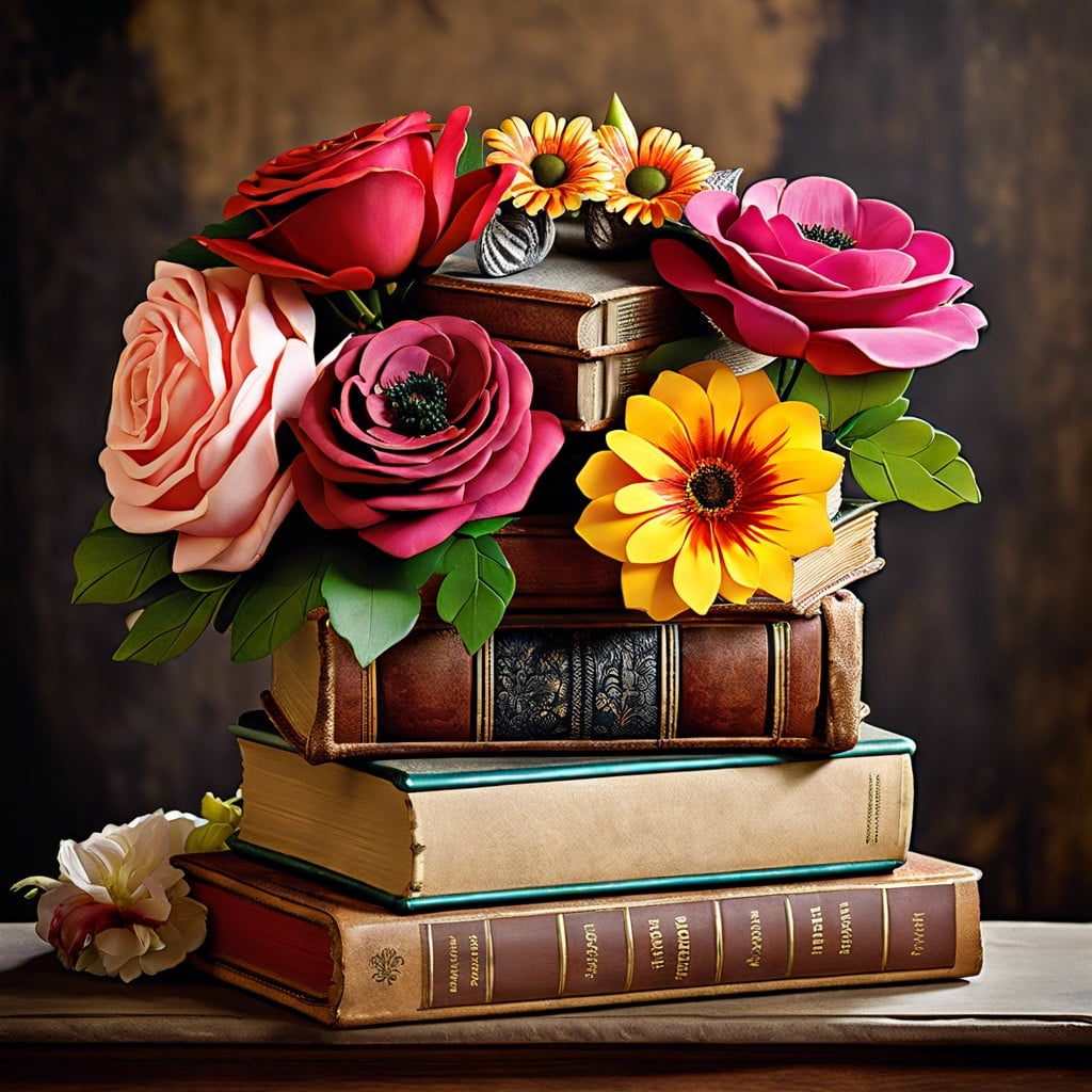 stack of antique books with flowers