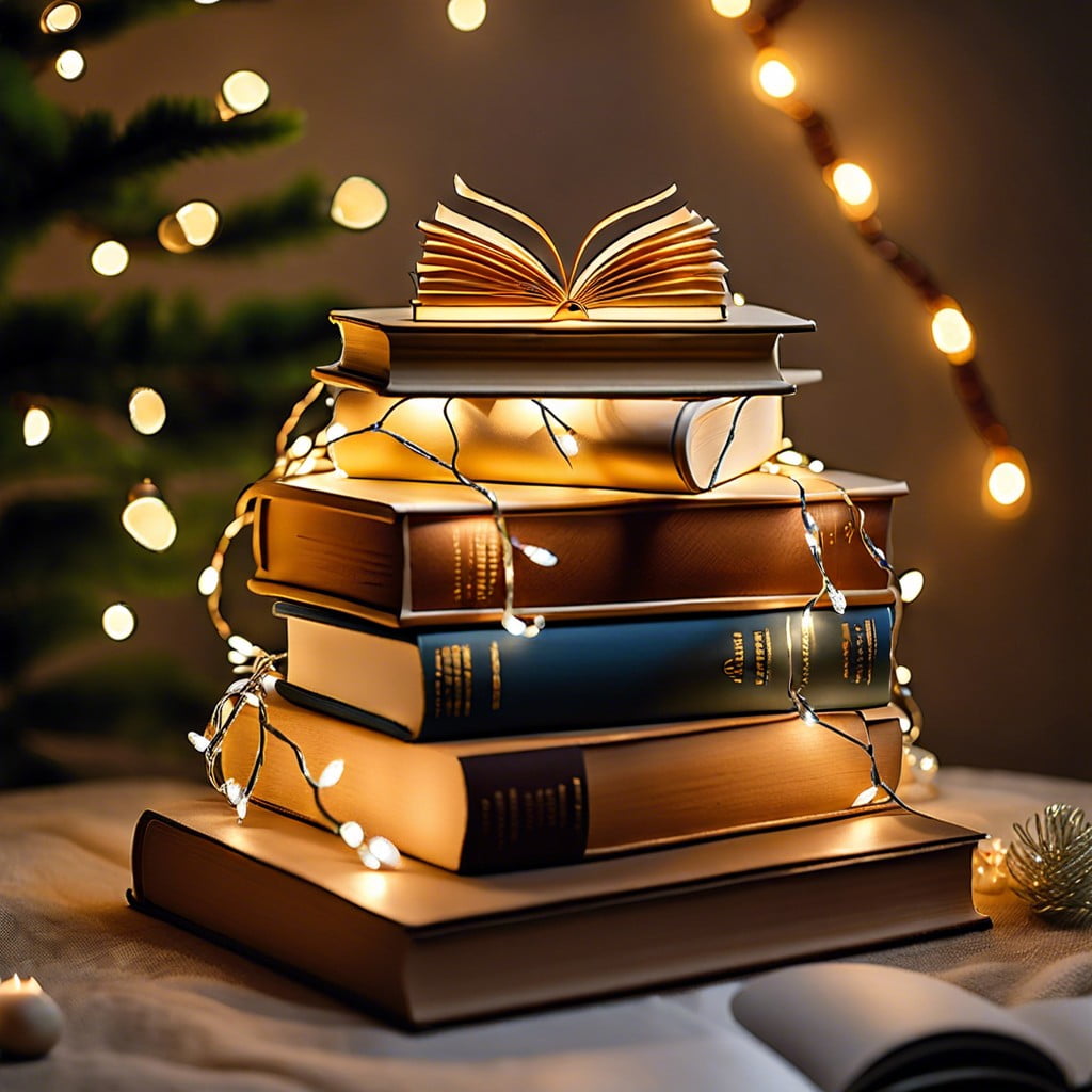 stacked books with fairy lights