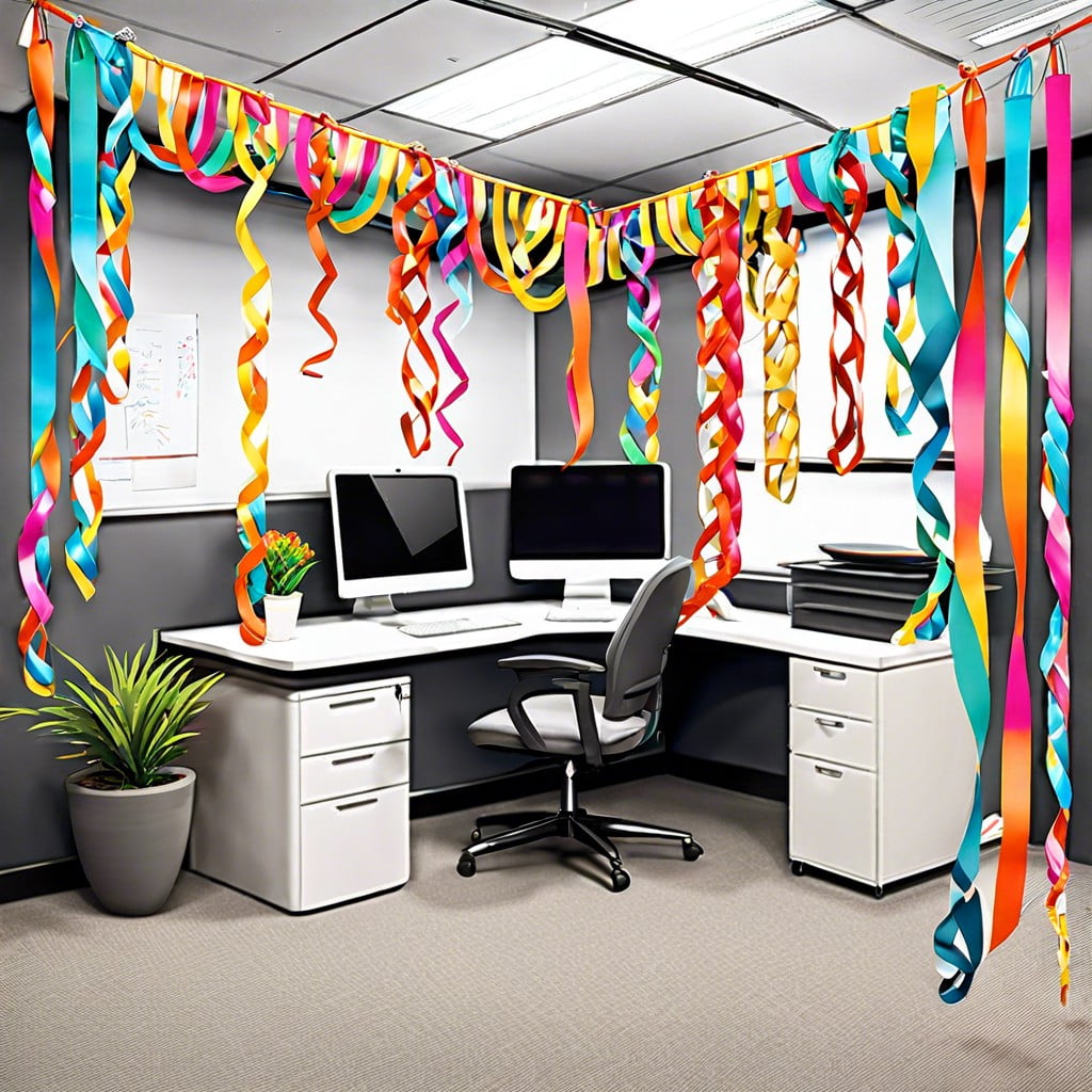 streamers and paper chains draped across cubicle