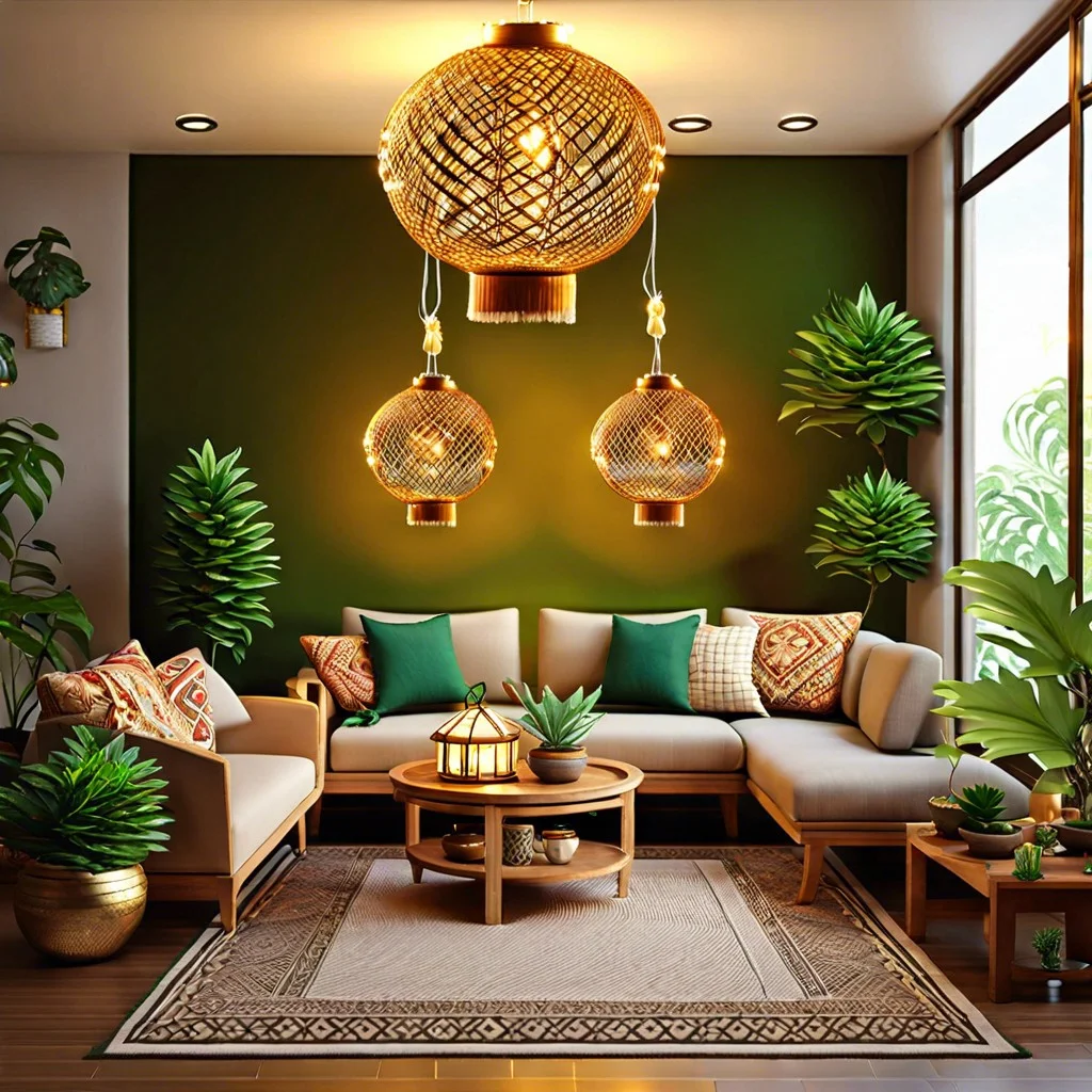 string lights woven around indoor plants