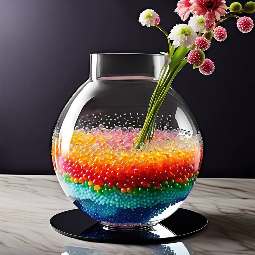 submerged flowers in clear vases with colorful water beads