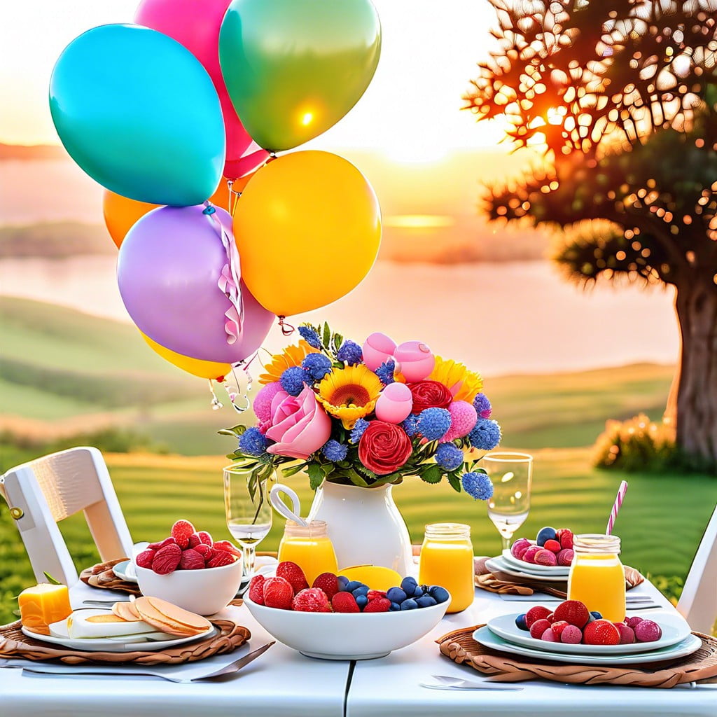 sunrise breakfast with an array of balloons and fresh flowers