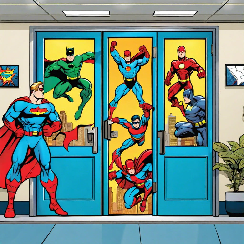 superhero headquarters comic strip style famous heroes