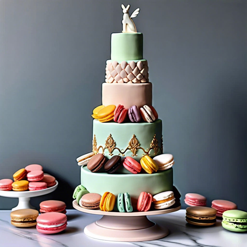 tiered cake with macaron tower