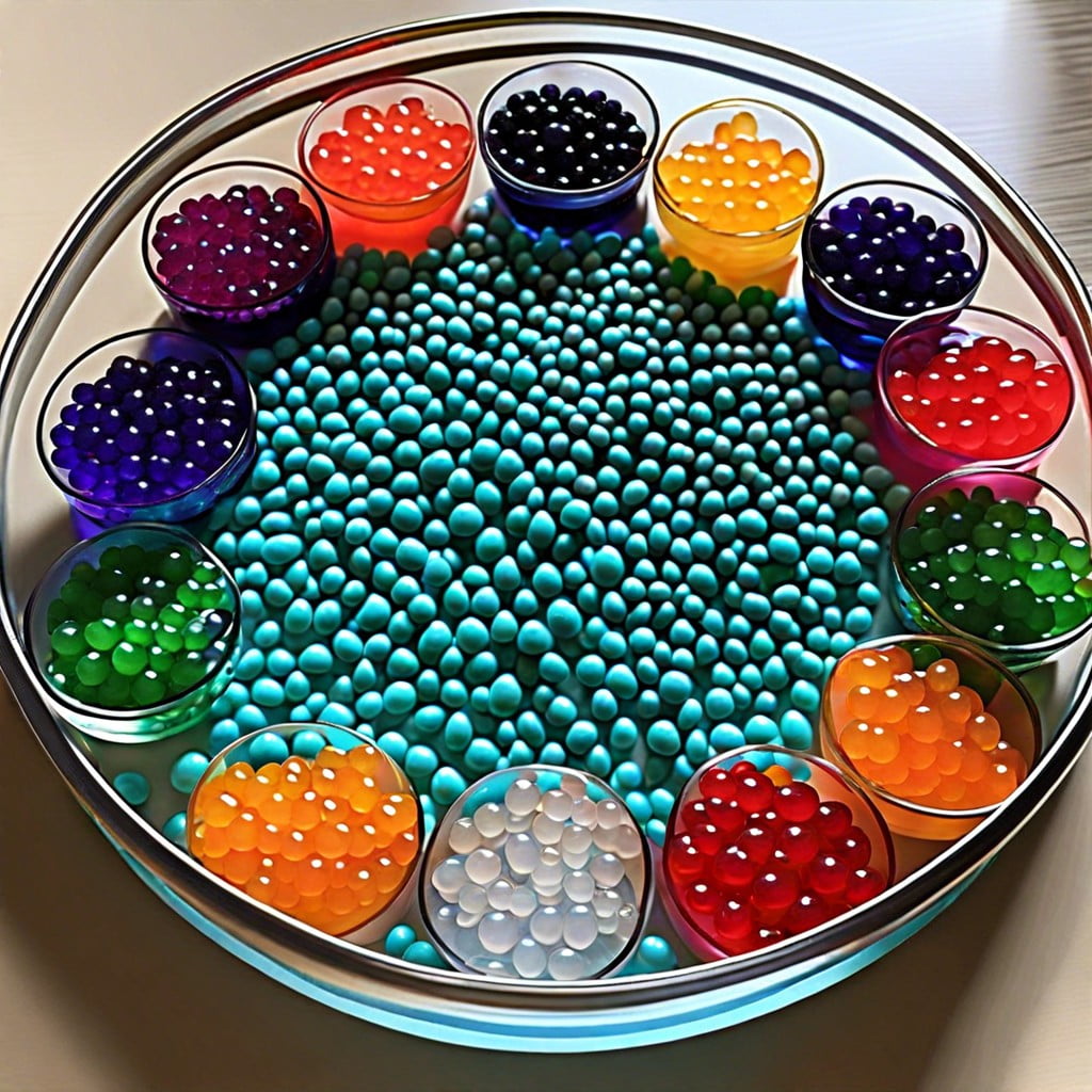 tiered trays with water bead layers of different colors