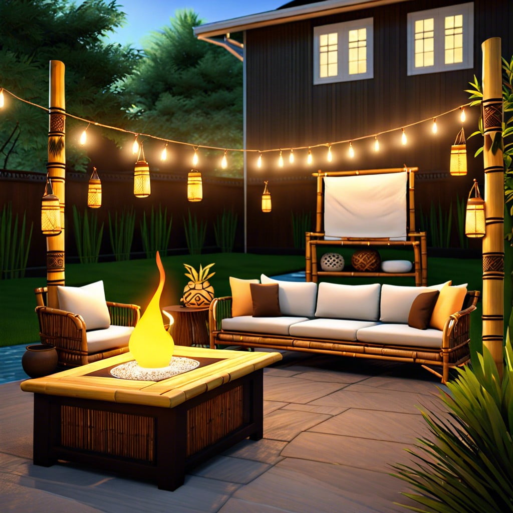 tiki torches and bamboo accents