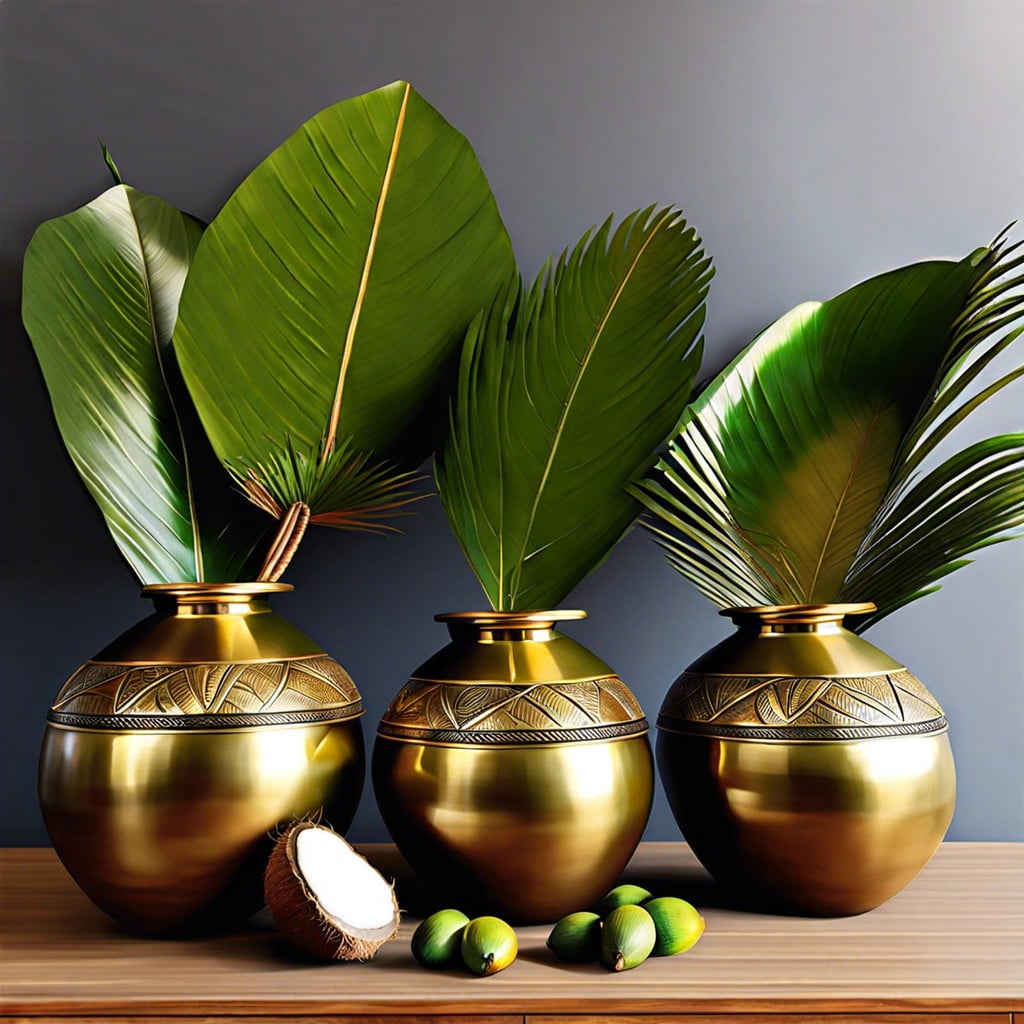 traditional brass pots with coconut and mango leaves