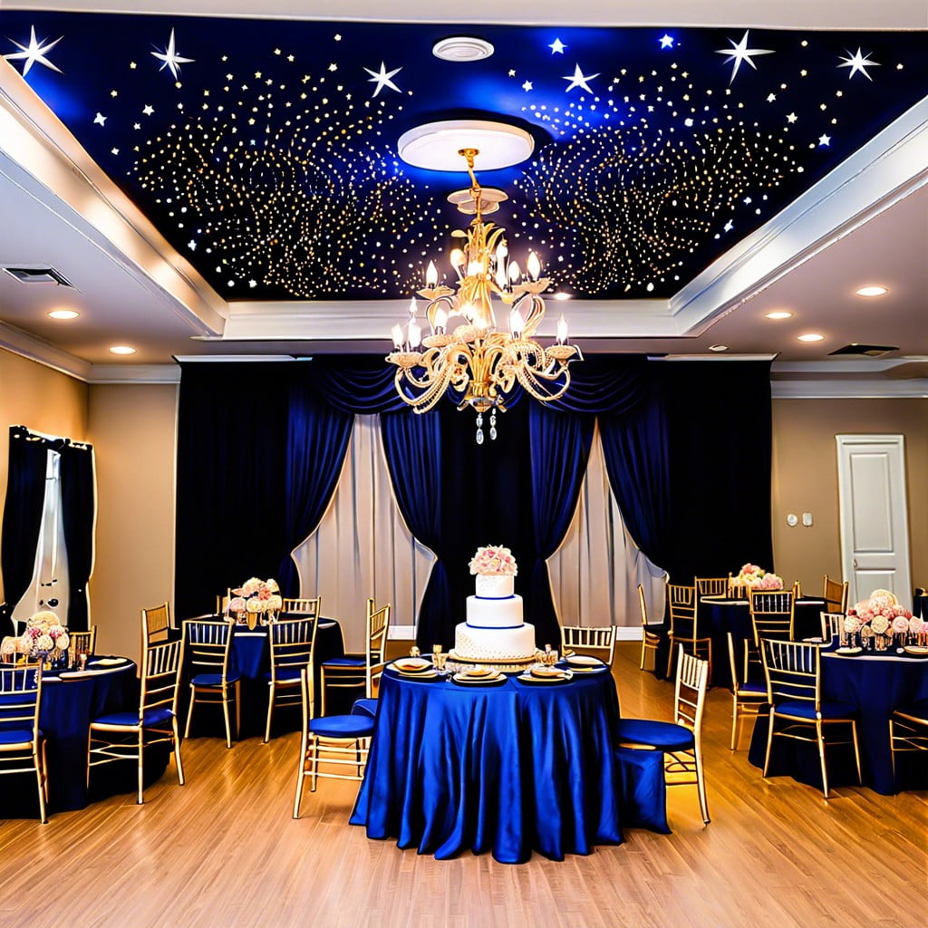under the stars theme with navy linens and twinkling ceiling lights